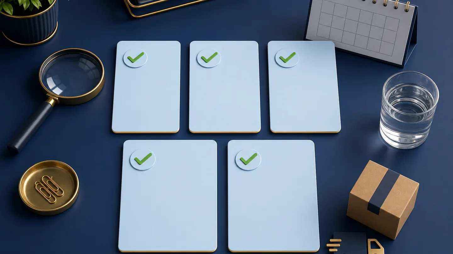 Top-down buyer checklist with magnifying glass, calendar, parcel and shield symbols