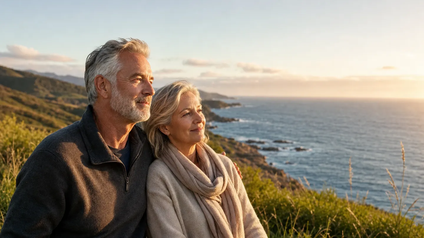 Mature couple enjoying a calm coastal walk in warm evening light
