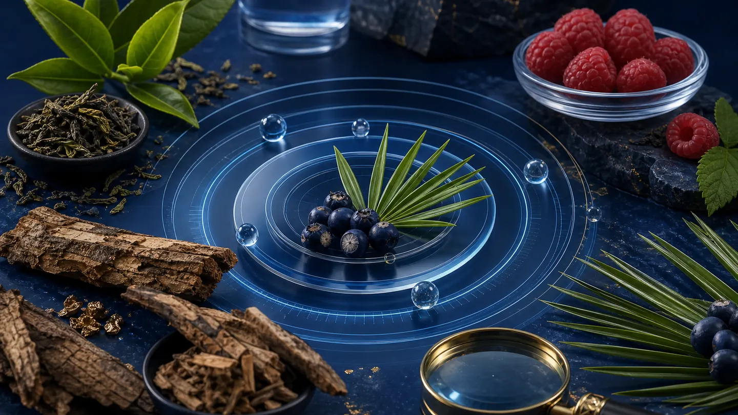 Botanical ingredient research arrangement with saw palmetto berries, green tea leaves and abstract blue formula rings