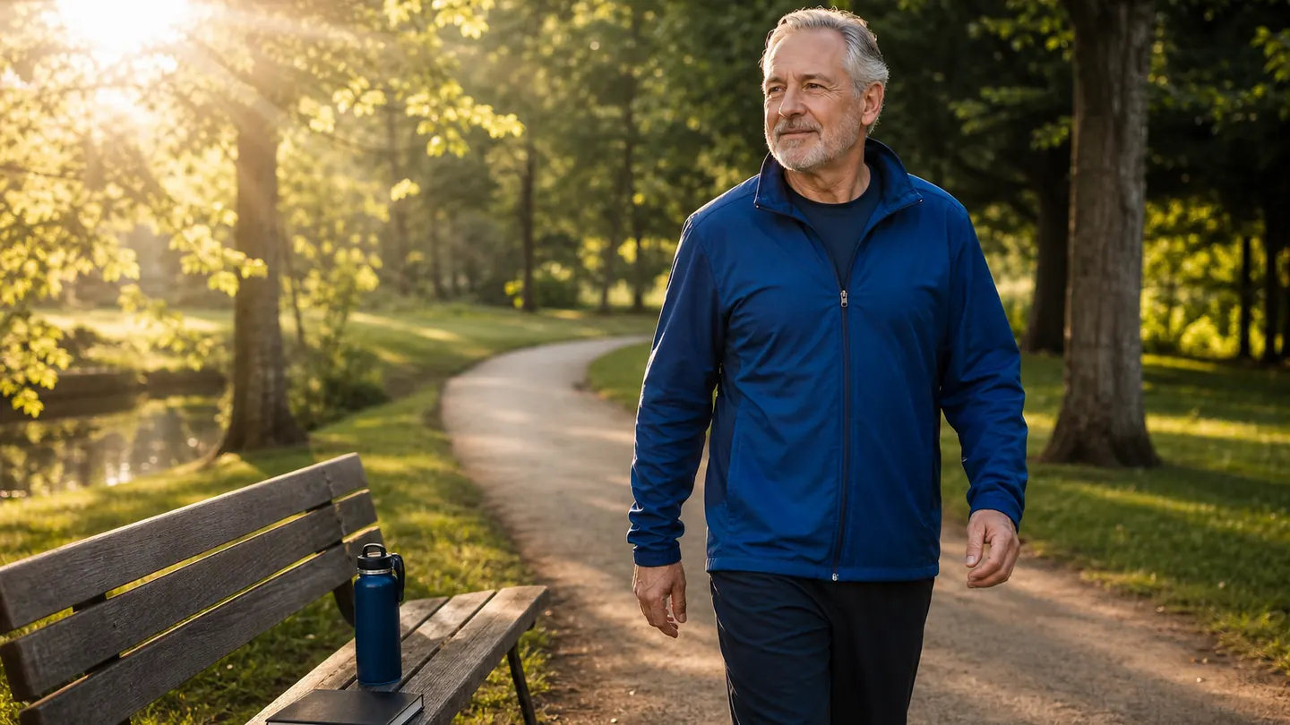 Mature man taking a calm morning walk near a water bottle and daily planner